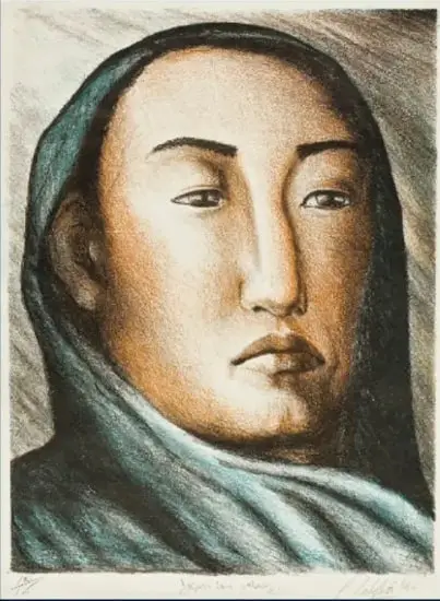 Reproducción de la obra 'Joven con rebozo' (1948) de Celia Calderón de la Barca: retrato de una joven con rebozo, técnica de grabado.