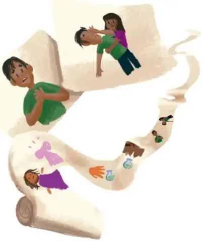 Ilustración de una cinta de cine gigante con niños y niñas actuando, un moño morado y objetos pequeños.