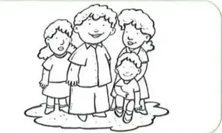 Ilustración de una familia reunida al aire libre, con adultos y niños.