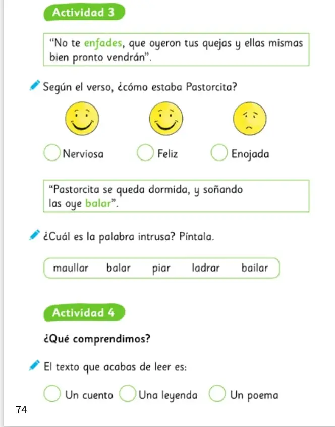 Tres caritas que representan estados de ánimo: nerviosa, feliz y enojada, para elegir según el verso.