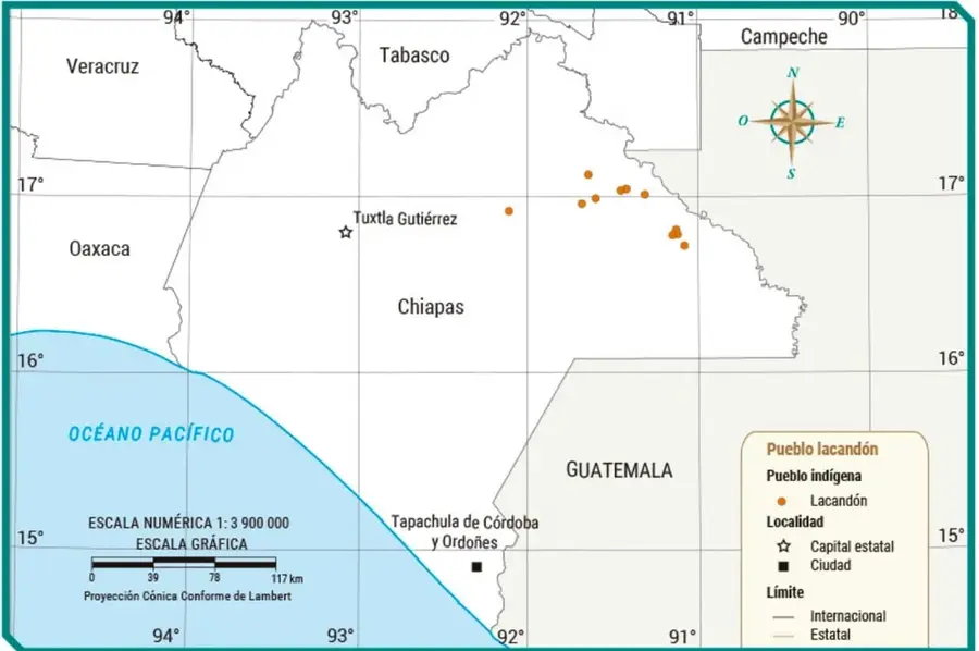 Mapa titulado "Localidades de la comunidad lacandona en Chiapas": muestra Chiapas y estados vecinos, con puntos naranjas (localidades lacandonas) en el oriente del estado, cerca de la frontera con Guatemala; señala Tuxtla Gutiérrez y Tapachula de Córdoba y Ordóñez; escala numérica 1:3 900 000 y proyección cónica conforme de Lambert. Fuente: José Luis Palafox, Tlamatini, México.