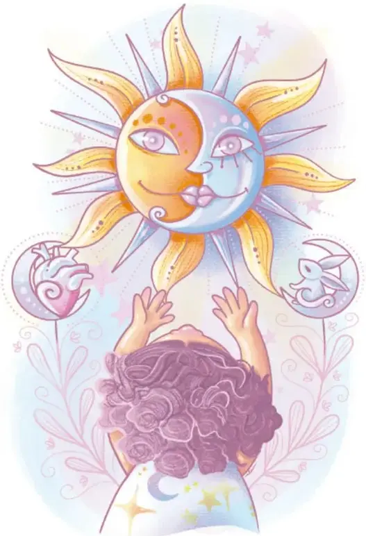 Ilustración de Meztli vista de espaldas levantando los brazos hacia un Sol con cara a la vez solar y lunar; a los lados hay medallones con un conejo, un corazón, y estrellas; ilustración de Lavinia Cabrera Sandoval, TARRACO.