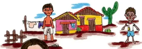 Ilustración de una niña y dos niños en un entorno rural con casas de adobe, cactus y un cerco de madera.