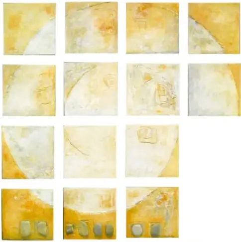Obra 'Ometeotl' (2006): catorce cuadros pequeños con formas curvas en amarillo, ocre y blanco, algunos con semillas grises abajo.