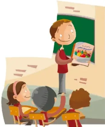Ilustración de un niño mostrando un libro a sus compañeros en el salón de clases.