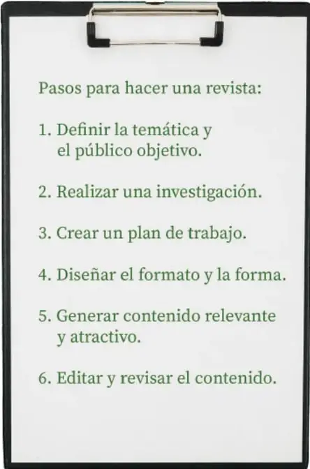 Portapapeles con la lista 'Pasos para hacer una revista' en 6 puntos.