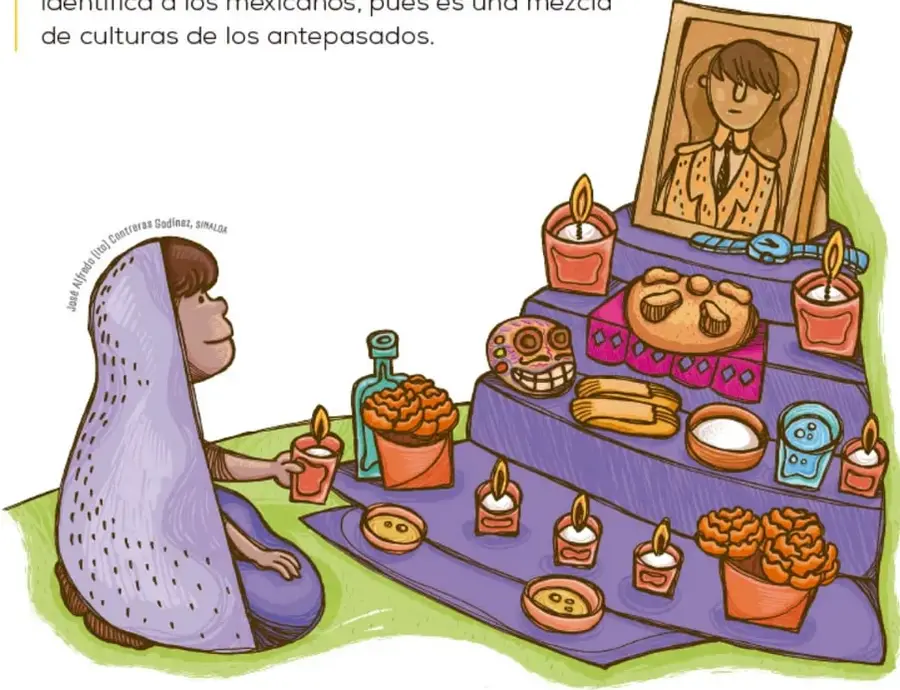 Ilustración de una mujer mayor con rebozo morado sentada frente a una ofrenda de Día de Muertos. La ofrenda tiene escalones con veladoras encendidas, pan de muerto, flores de cempasúchil, fruta, un retrato enmarcado de una persona fallecida y otros objetos tradicionales.