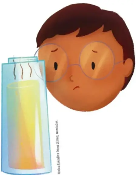 Ilustración de un niño con lentes observando un envase con agua y fruta.