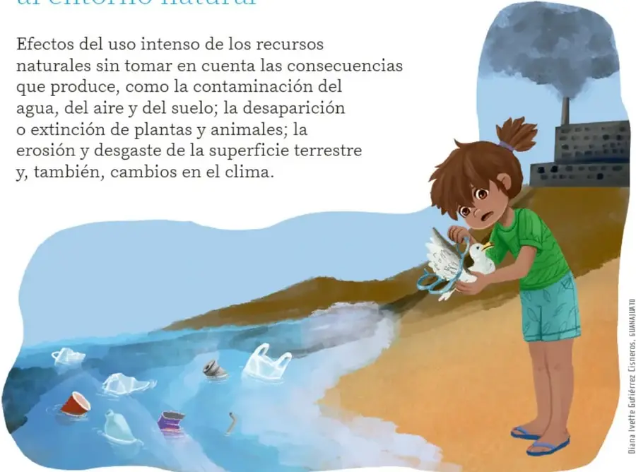 Ilustración de una niña rescatando una ave marina enredada en plásticos en la playa, con una fábrica contaminando el aire al fondo (crédito: Diana Ivette Gutiérrez Juárez, SEP).
