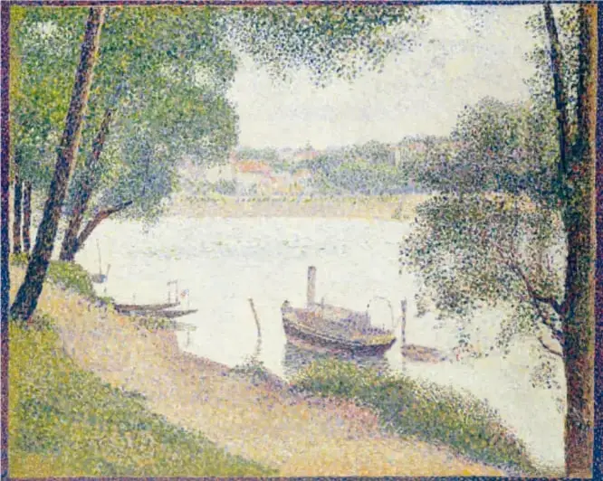 Pintura 'Clima gris, Grande Jatte' de Georges Seurat, que muestra un paisaje con árboles, agua y botes, realizada con la técnica puntillista.
