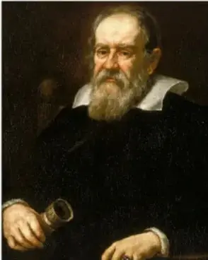 Retrato al óleo de Galileo Galilei, anciano con barba blanca, sosteniendo un telescopio.