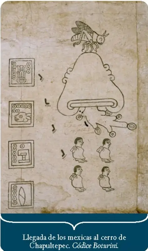 Lámina del Códice Boturini que muestra la llegada de los mexicas al cerro de Chapultepec, con glifos y personajes.