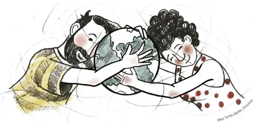 Dibujo de dos niños abrazando un globo terráqueo, símbolo de unidad y respeto entre las personas.