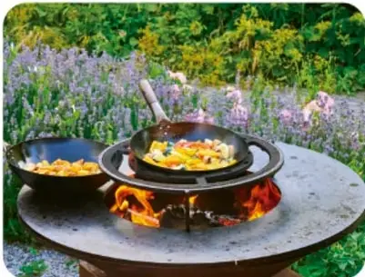Comida cocinándose en una sartén sobre fogata al aire libre, ejemplificando la transferencia de calor.