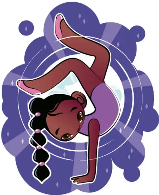 Niña morena con trenzas largas haciendo una voltereta o pirueta acrobática sobre un fondo morado en espiral; ilustración de Ru Mendoza, Puebla.