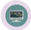 Icono circular con una computadora que muestra gráficas, acompaña al punto VII sobre enseñanza e investigación