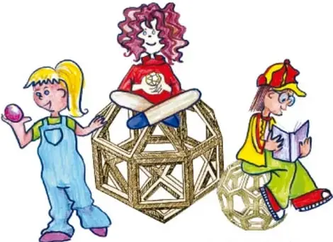 Ilustración de tres niñas junto a estructuras geométricas (un dodecaedro y una esfera de varillas); una sostiene un dado, otra está sentada sobre el dodecaedro y la tercera lee un libro. Crédito: Claudia Lucía Bautista Parra, Jalisco.