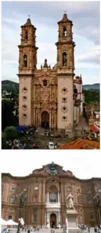 Fachada de una iglesia barroca con dos torres, en un pueblo.