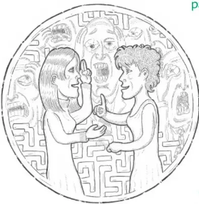 Ilustración circular de dos personas conversando frente a frente, con una figura más grande al fondo y un laberinto que simboliza las dificultades de la comunicación.