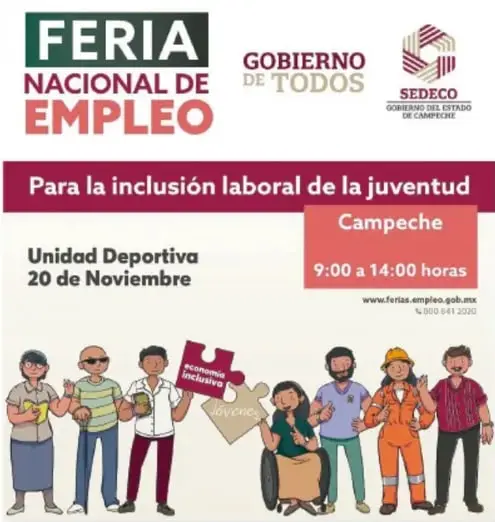 Cartel de la Feria Nacional de Empleo, Gobierno de Todos, SEDECO, Campeche, 20 de noviembre, 9:00 a 14:00 horas, con ilustración de personas diversas.