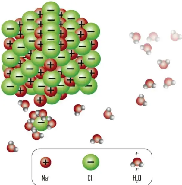 Red cristalina de NaCl (esferas verdes Cl⁻ y rojas Na⁺) siendo atacada por moléculas de agua (con δ+ y δ−) que arrancan iones y los rodean formando iones hidratados; leyenda inferior con Na⁺, Cl⁻ y H₂O.