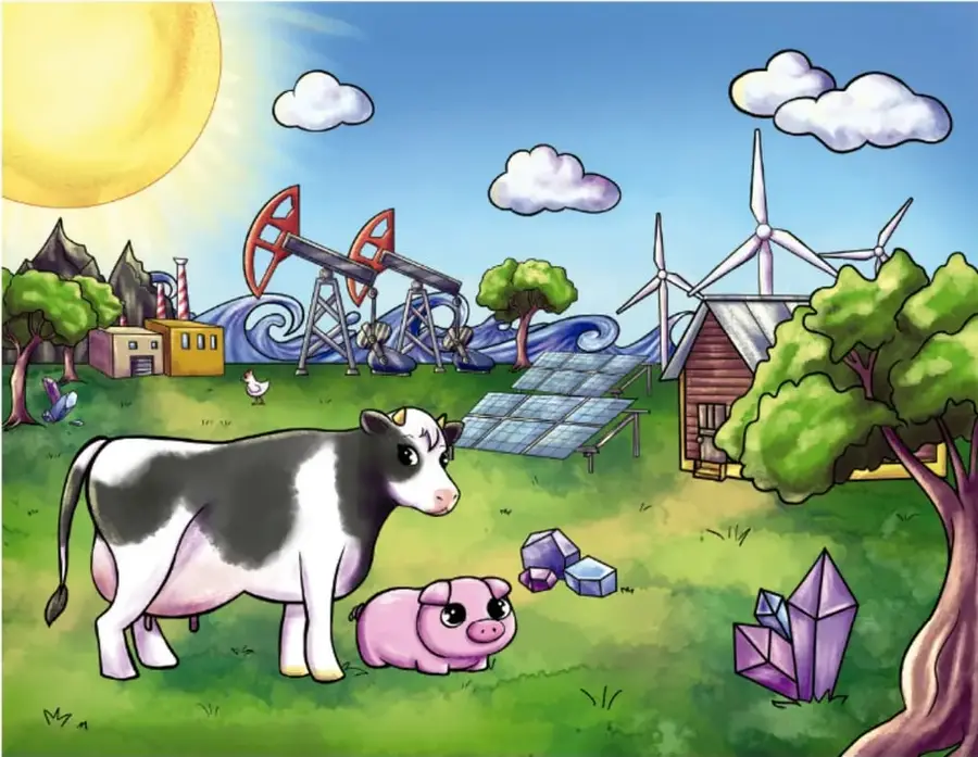 Escena rural completa: una vaca de manchas negras y un cerdito rosa al frente; paneles solares al centro; tres aerogeneradores blancos a la derecha; dos bombas de petróleo rojas y una fábrica con chimenea al fondo izquierdo; cristales morados junto a un árbol; granero de madera, gallina, nubes y sol brillante. Crédito: Estrella Saraí Mata Medina, Tamaulipas.