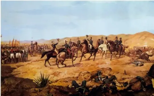 Ilustración histórica de un desfile militar o comitiva a caballo en un paisaje árido del norte de México, probablemente representando una escena de la época de la independencia o de la guerra contra EE. UU.
