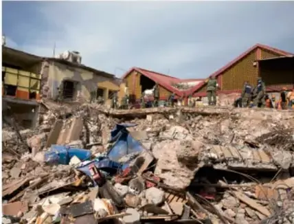 Viviendas colapsadas y escombros tras un sismo, ejemplo de desastre.
