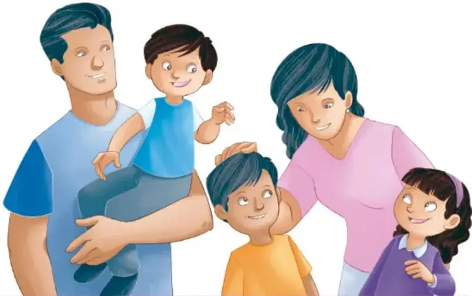 Ilustración de una familia (padre, madre y tres hijos) conviviendo y sonriendo.