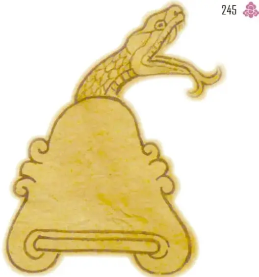 Glifo dorado del coatl: serpiente estilizada con cabeza escamada, boca abierta, lengua bífida y base con volutas, al estilo de los códices.