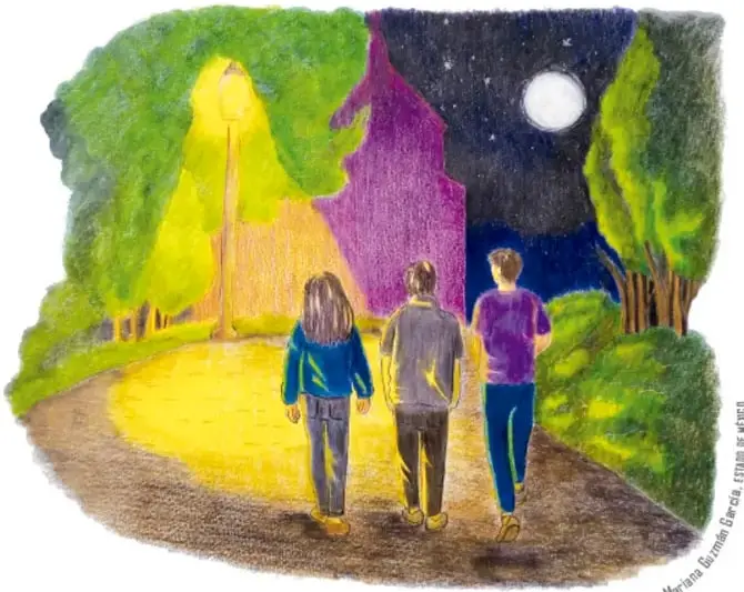 Ilustración de tres jóvenes caminando de espaldas por un sendero iluminado por farolas, bajo un cielo nocturno con luna llena.