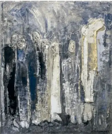 Obra 'Lamento' (2011): figuras humanas alargadas en tonos grises, negros y blancos sobre fondo oscuro, con textura de masa-roca.
