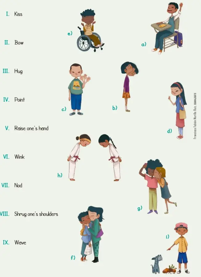 Nueve ilustraciones de niños y niñas con distintos gestos: levantar la mano en el pupitre, asentir, agitar las manos, guiñar, encogerse de hombros en silla de ruedas, abrazo maternal, beso en la mejilla, reverencia de artes marciales y señalar a un perrito.
