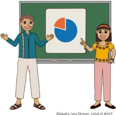 Ilustración de dos estudiantes frente a un pizarrón que muestra una gráfica circular (pastel), presentando resultados; crédito: Alejandra Lara Vázquez, Ciudad de México.