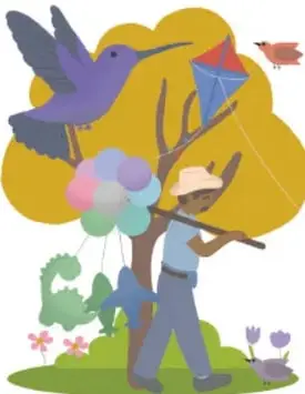Dos viñetas ilustradas: "Primavera" (niña con cometa, globos, colibrí, flores) y "Verano" (niño corriendo con cometa, mujer con sombrilla bajo un árbol).