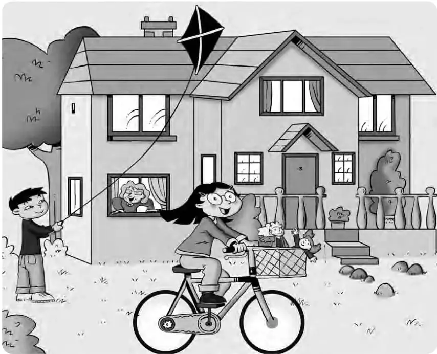Ilustración en blanco y negro de una casa de dos pisos con jardín. A la izquierda, un niño (Lee) sostiene el hilo de una cometa que vuela sobre el techo. En la ventana de la planta baja se asoma una anciana (Granny). En primer plano, una niña (Sue) pedalea una bicicleta con una canasta que contiene dos muñecas y otros juguetes.