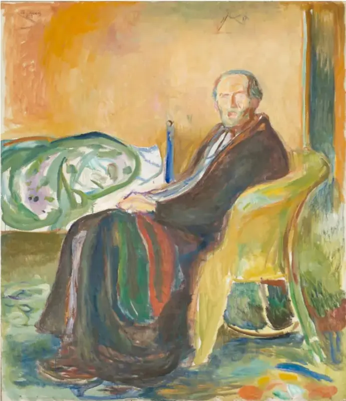 «Autorretrato con la gripe española» (1919) de Edvard Munch: hombre pálido y delgado con barba, sentado en un sillón verde con una bata oscura, junto a una cama deshecha y una vela; paredes y piso en tonos amarillos y ocres.