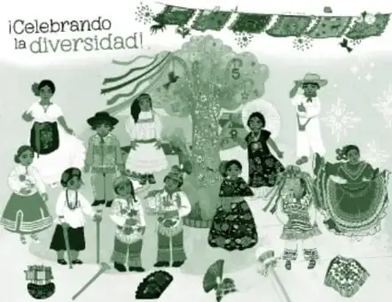 Ilustración en verde titulada '¡Celebrando la diversidad!': personas con trajes tradicionales de distintas regiones de México (vestidos bordados, faldas amplias, sombreros, rebozos) reunidas en una celebración con árboles, música y objetos culturales en el suelo.