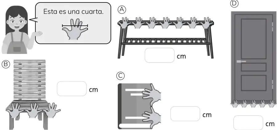 Sofía muestra su mano abierta indicando que una cuarta mide 15 cm. Cuatro objetos con manos superpuestas para contar cuartas: banca del parque, silla, libro y puerta.
