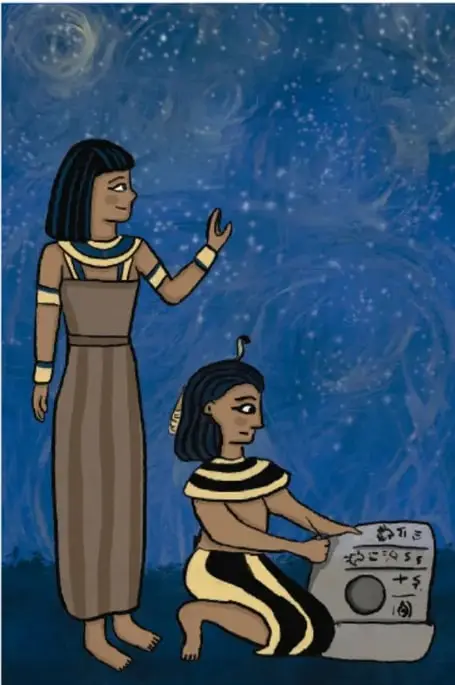 Ilustración de dos personajes egipcios: una mujer de pie señalando el cielo estrellado y un niño sentado escribiendo sobre una tablilla. Crédito: Luz Fernanda Jacinto Rodero, Ciudad de México.