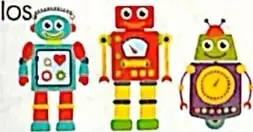 Ilustración decorativa de varios robots construidos con figuras geométricas.