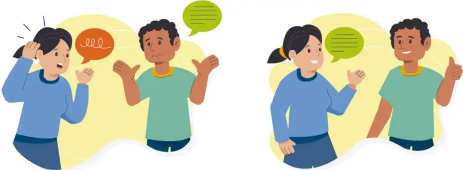 Ilustración de dos parejas de personas conversando: a la izquierda, una chica con expresión de duda y burbuja de diálogo confusa frente a un chico con gesto incierto; a la derecha, ambos sonrientes con burbujas de diálogo claras, representando el paso de la confusión al entendimiento por medio del diálogo.