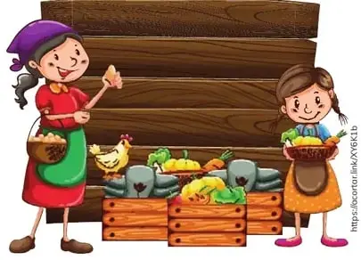 Mercado local con dos mujeres ofreciendo frutas, verduras y un huevo; cajas de productos frescos al pie.