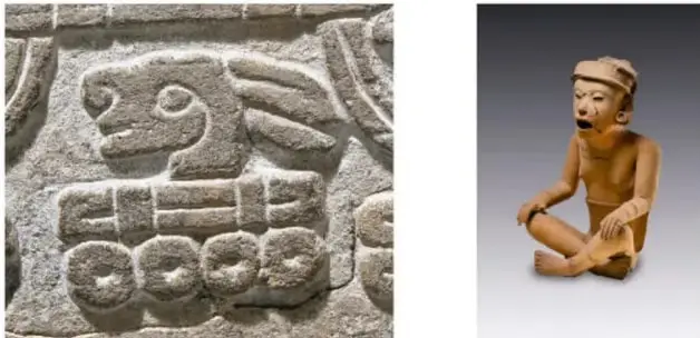 Relieve de piedra con glifos y figuras antropomorfas de una cultura mesoamericana ( probablemente maya o azteca).