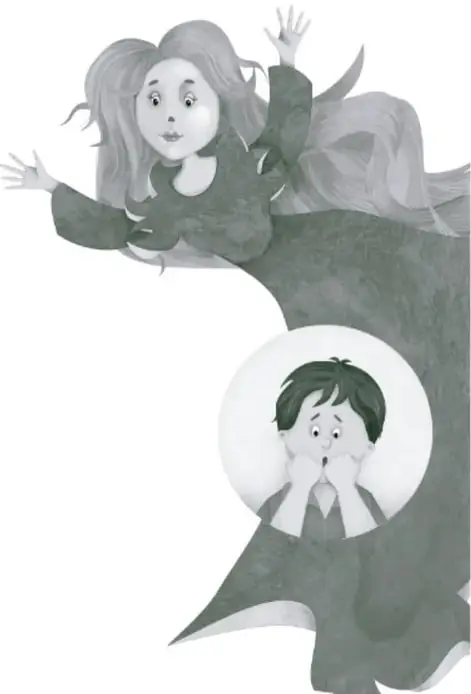 Ilustración de una figura femenina de cabello largo que se inclina hacia un círculo donde aparece el mismo niño con las manos cerca de la boca, en actitud de preocupación o miedo; sugiere acompañamiento adulto ante una emoción intensa.