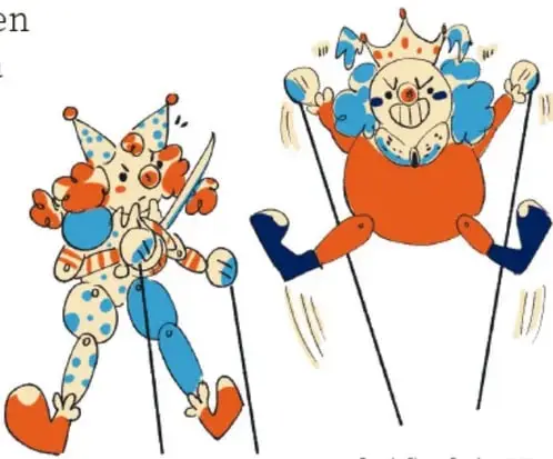 Ilustración de tres personajes: un payaso con vestido de lunares y zancos, un rey con corona saltando en zancos y otro personaje; pie de foto: Brenda Flores Ramírez, Puebla.