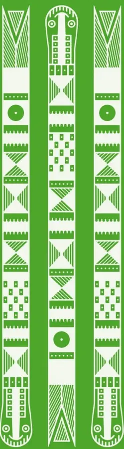 Tres objetos ornamentales verticales de estilo indígena (posiblemente batones o piezas rituales) dibujados en blanco sobre fondo verde, con motivos geométricos, círculos con punto y figuras antropomorfas en los extremos.