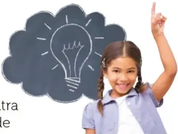Niña sonriente con trenzas levantando el dedo, junto a una nube de pizarra con un foco dibujado (idea).