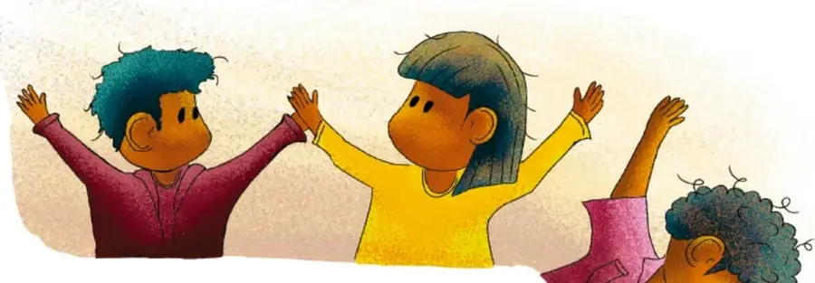 Ilustración de varios niños y niñas con los brazos levantados, celebrando la diversidad y la alegría.