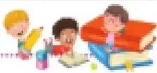 Ilustración de estudiantes realizando actividades de escritura y lectura.